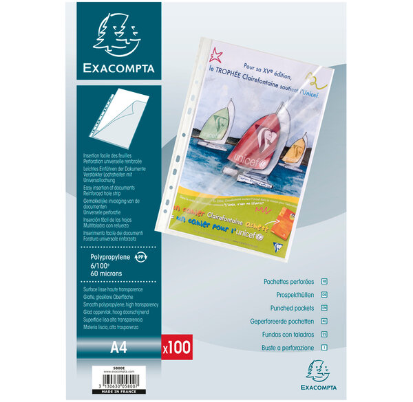 Etui de 100 pochettes perforées ouverte 2 côtés PP lisse 6/100e EXACOMPTA