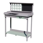 Table de rempotage jardinage multi-équipée tiroir  étagère  évier dim. 92L x 43l x 120H cm bois massif pin pré-huilé gris vert menthe