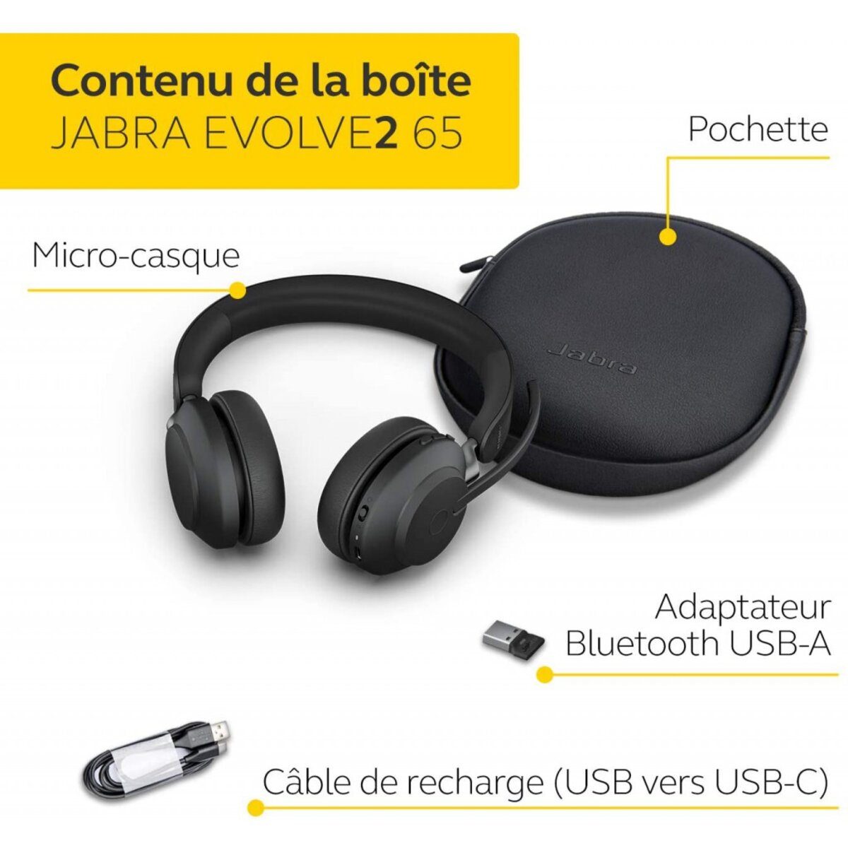 Jabra evolve2 65 casque pc sans fil avec station de charge - casque mono  ecouteur certifié microsoft teams avec batterie longue - La Poste