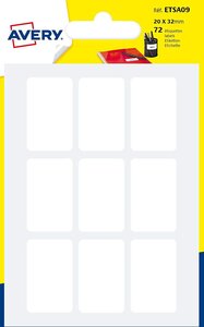 Sachet de 72 étiquettes blanches permanentes. Ecriture manuelle. 20 x32 mm. Avery