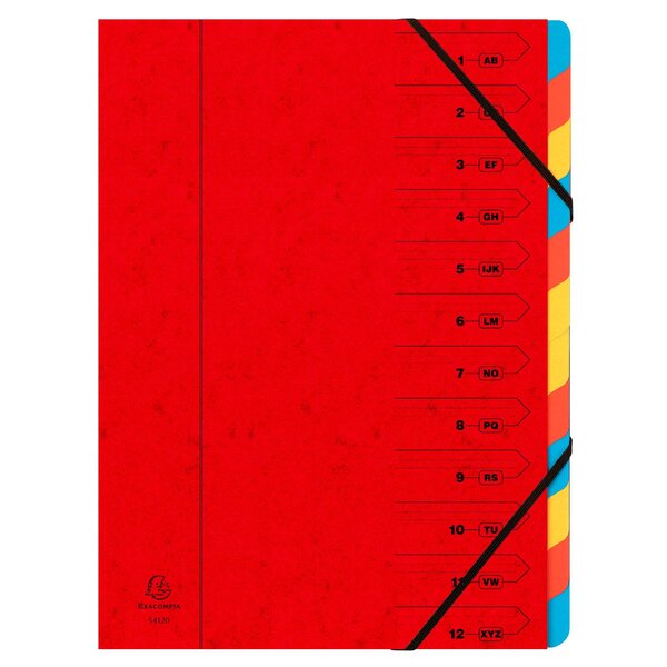 Trieur Agrafé Avec Élastiques 12 Compartiments - Rouge - X 8 - Exacompta