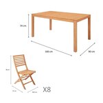 Ensemble repas de jardin 8 personnes - Table 180 x 90 cm + 8 chaises pliantes - Bois Eucalyptus FSC