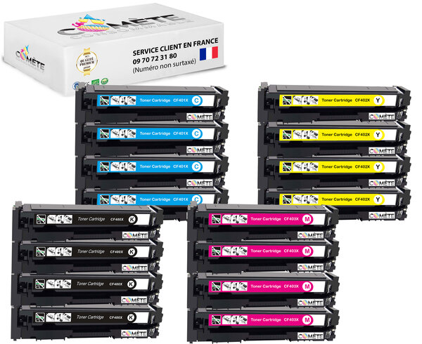 201 - 16 toners compatibles avec hp 201 cf400x 4 noirs 4 cyan 4 magenta 4 jaunes