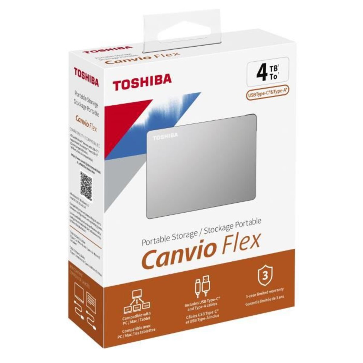 Disque dur externe Toshiba Canvio Flex 1 To Argent pour PC et MAC USB-C - Disques  durs externes