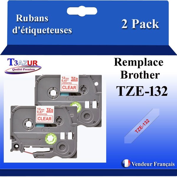 2x Rubans d'étiqueteuses compatibles avec Brother Tze132  Tze-132 pour étiqueteuses P-touch - Texte rouge sur fond transparent - Largeur 12 mm x 8 mètres