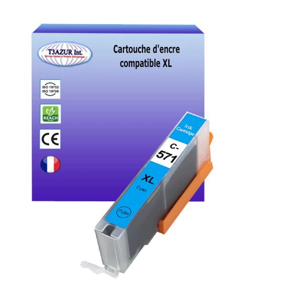 Cartouche compatible avec Canon Pixma TS8050, TS8051, TS8052, TS8053, TS9050, TS9055 remplace Canon CLI571 XL Cyan - T3AZUR