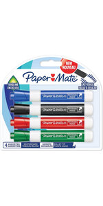 Paper mate - 4 marqueurs tableau blanc effaçable - noir bleu vert rouge - pointe ogive - sous blister