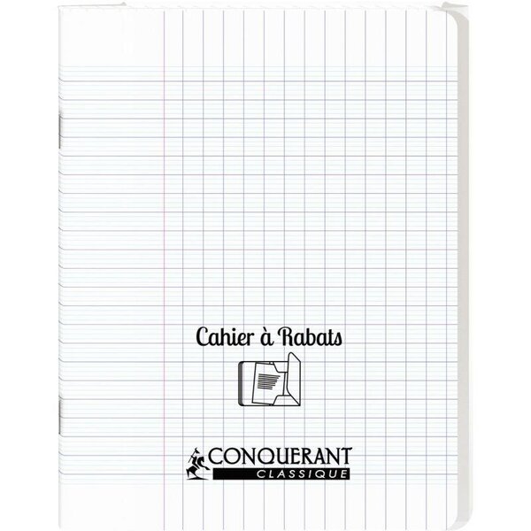 Cahier 96 pages seyès 90 g avec couverture polypropylène incolore 3 rabats  format 17 x 22 cm CONQUERANT