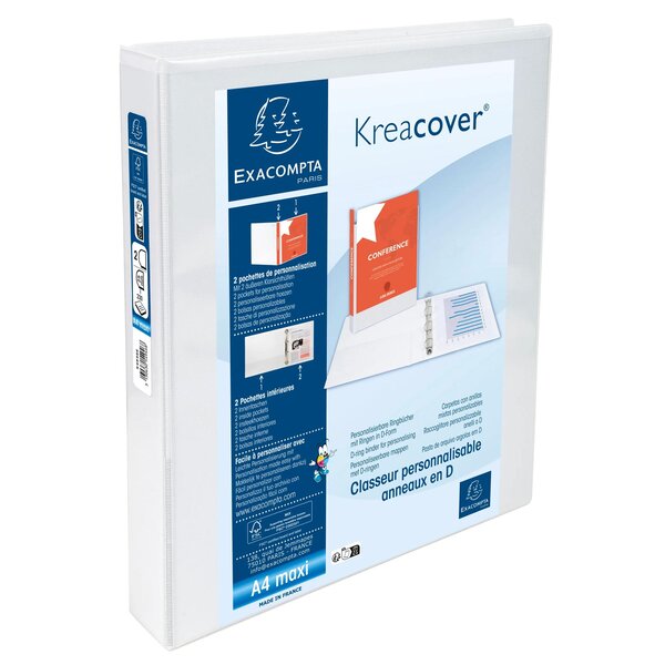 Classeur Personnalisable Rigide 2 Poches Kreacover 2 Anneaux En D 25mm - A4 Maxi. - Blanc - X 10 - Exacompta