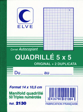 Manifold Autocopiant Quadrillé 5 x 5 140 x 105 mm 50 Feuillets tripli ELVE