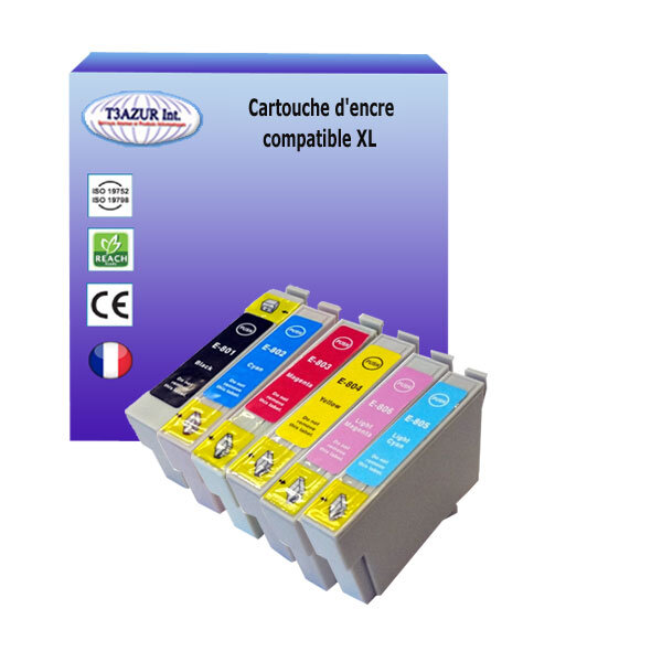 6 Cartouches Compatibles pour Epson Stylus Photo P50, PX650, PX660, PX700W, PX710W, PX720WD, PX730WD remplace Epson T0801/2/3/4/5/6  - T3AZUR