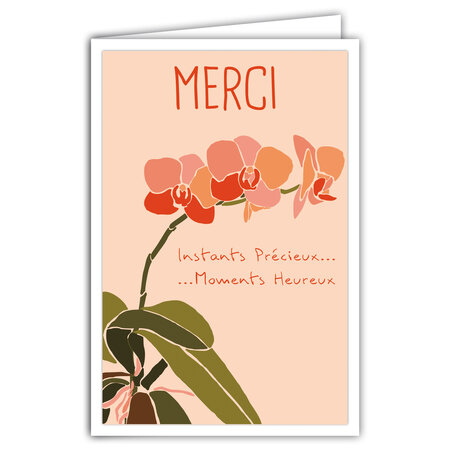 Carte MERCI avec Enveloppe - Affichette Mini Poster Format 17x11 5cm Style Rétro Vintage Illustration Graphique - Instants Précieux Moments Heureux Plante Fleurs Orchidée Remerciements