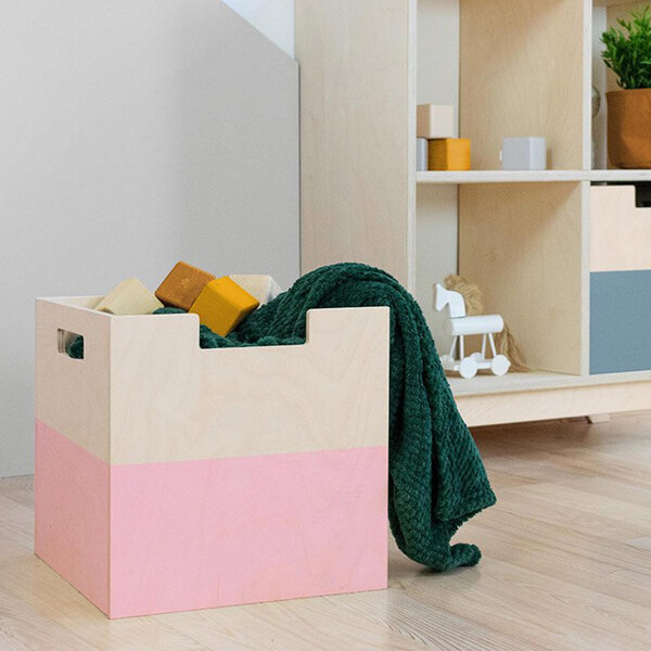 Boîte de rangement bois modèle 2 - poignées - Rose et bois naturel - 33 x 33 x 37 cm