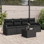 Canapé de jardin 5 pièces avec coussins noir en poly rotin