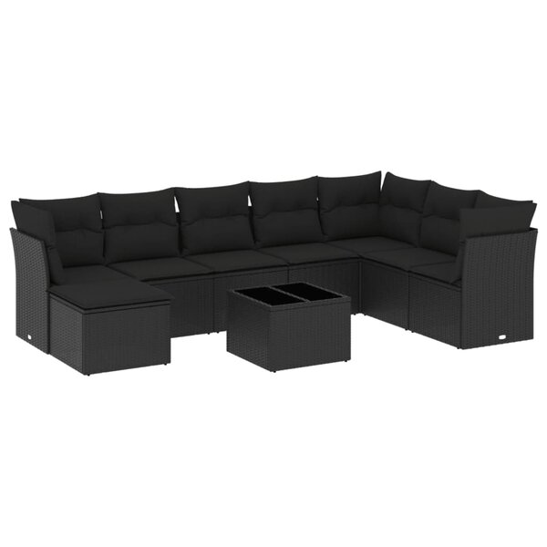 vidaXL Salon de jardin 9 Pièces avec coussins noir résine tressée
