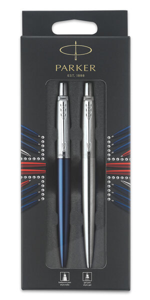 Parker jotter london, blister duo discovery : stylo bille bleu royal (recharge bleue) + stylo bille acier (recharge gel noire 0.7mm)