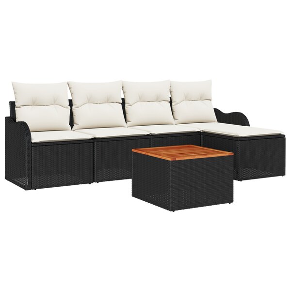 Ensemble de Canapé de Jardin 6 Pièces avec Coussins Noir Rattan Synthétique Acacia