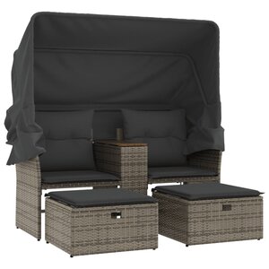 vidaXL Canapé de jardin 2 places avec auvent et tabourets gris rotin