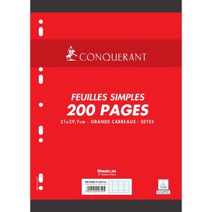Feuilles Simples A4 200 Pages 90g Grands Carreaux Sous Film Blanches CONQUÉRANT