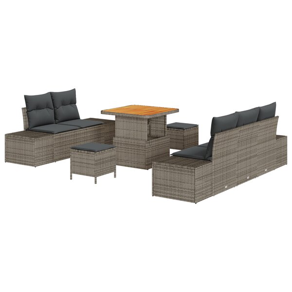 Ensemble de canapé de jardin 8 pièces avec coussins gris poly rotin acacia