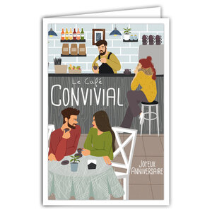 Carte Joyeux Anniversaire avec Enveloppe - Mini Poster Format 17x11 5cm Style Rétro Vintage - Le café convivial gourmand Dégustation Bar Comptoir Couple - Fabriquée en France