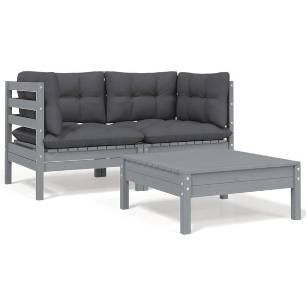 vidaXL Salon de jardin 3 Pièces avec coussins Gris Bois de pin massif