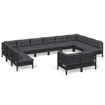 vidaXL Salon de jardin 12 Pièces avec coussins Noir Bois de pin solide