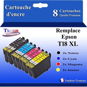 T3AZUR- 8x Cartouches Compatibles avec Epson T1811 T1812 T1813 T1814 T18XL