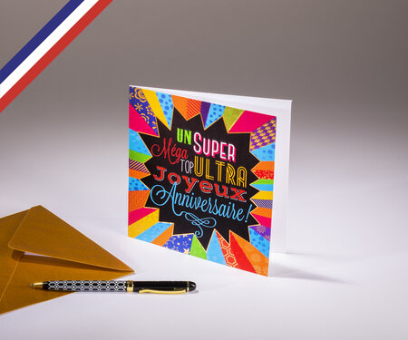 Carte double en lettres d'or créée et imprimée en france - anniversaire multicolore et multi-motifs