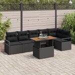 Ensemble de Canapés de Jardin 7 Pièces avec Coussins Rotin Poly Noir Acacia