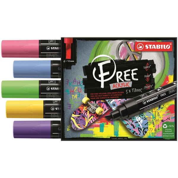 Etui carton 5 marqueurs pointe large FREE acrylic T800C Set 1 'Seaside' x 5 STABILO
