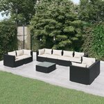 vidaXL Salon de jardin 9 Pièces avec coussins Résine tressée Noir