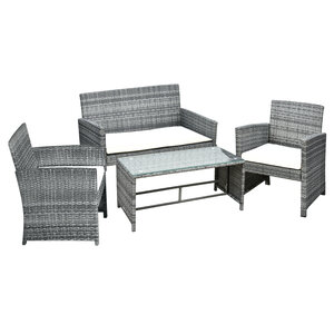 Outsunny Ensemble salon de jardin 4 places : canapé  2 fauteuils et table basse plateau verre trempé résine tressée imitation rotin gris coussins crème