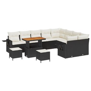 Ensemble de canapé de jardin 12 pièces avec coussins noir en poly rattan acacia