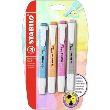 Blister 4 surligneurs STABILO swing cool Pastel - abricot + bleu + mauve + gris x 10 STABILO