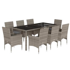 vidaXL Ensemble à manger de jardin et coussins 9 Pièces gris rotin verre