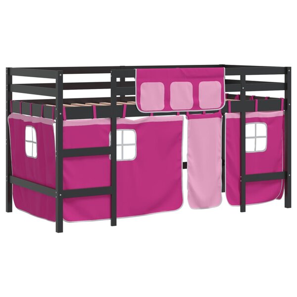 vidaXL Lit mezzanine enfants et rideaux rose 90x190cm bois pin massif