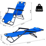 Chaise longue inclinable transat bain de soleil 2 en 1 pliant têtière amovible charge max. 136 Kg toile oxford facile d'entretien bleu