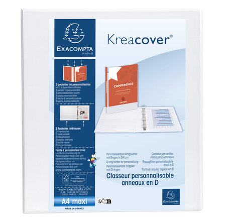 Classeur Pp Personnalisable Kreacover - 4 Anneaux En D 40mm - A4 Maxi - Blanc - X 10 - Exacompta