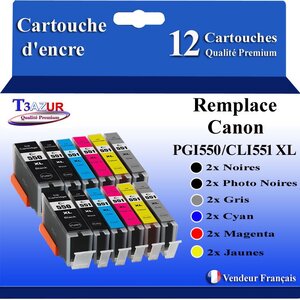T3AZUR - 12x Cartouches compatibles avec Canon PGI-550 CLI-551 XL pour Canon Pixma IP8750 IX6850 MG6350MG7100 MG7150 MG7550