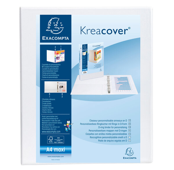 10 Classeurs personnalisable rigide 2 poches KreaCover® 4 anneaux en D 30mm A4 maxi blanc EXACOMPTA