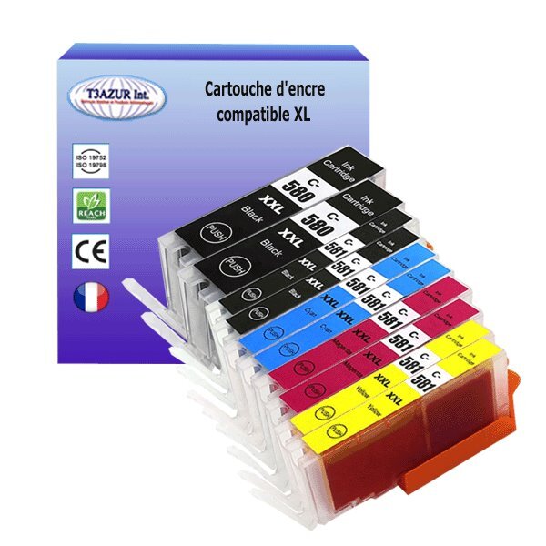 10 Cartouches compatibles avec Canon Pixma TS9100 TS9150 TS9155 TS9500 TS9540 TS9541C TS9550 TS9551C remplace Canon PGI-580, CLI-581 XL - T3AZUR