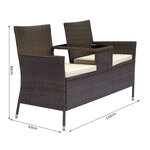 Banc de jardin design contemporain 133L x 63l x 84H cm banc double chaise avec coussins assise + tablette intégrée résine tressée chocolat polyester crème
