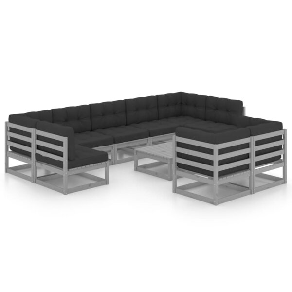 Salon de jardin meuble d'extérieur ensemble de mobilier 10 pièces avec coussins gris bois de pin massif 02_0015027