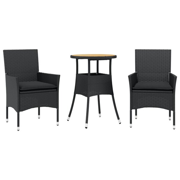 vidaXL Ensemble à manger de jardin et coussins 3 Pièces noir rotin acacia