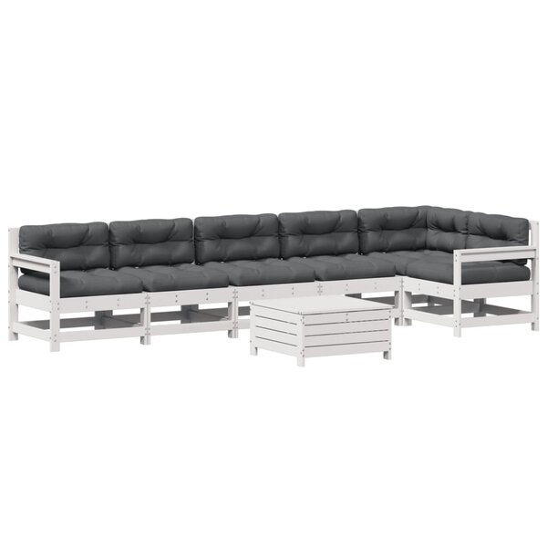 vidaXL Salon de jardin 7 Pièces avec coussins blanc bois de pin massif