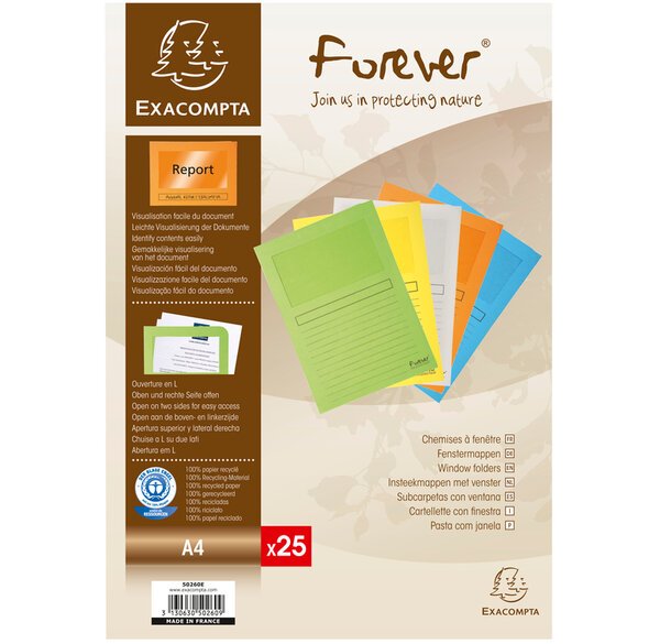 Paquet de 25 pochettes coins en carte 120g avec fenêtre, assortis pastel EXACOMPTA