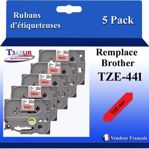 5x Rubans d'étiqueteuses compatibles avec Brother Tze441 Tze-441 pour étiqueteuses P-touch - Texte noir sur fond rouge - T3AZUR