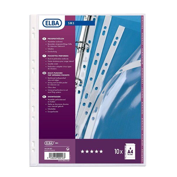 Sachet de 10 Pochettes perforées SM3 A4 PVC 0,10 mm Lisse ELBA