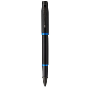 Stylo roller Parker IM Vibrant Rings  Satin noir laqué  attributs bleu océan  recharge noire pointe fine  Coffret cadeau